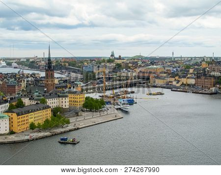 Stockholm Sweden . Wonderful Aerial Panorama From Observation Deck On A Modern City And Gamla Stan (