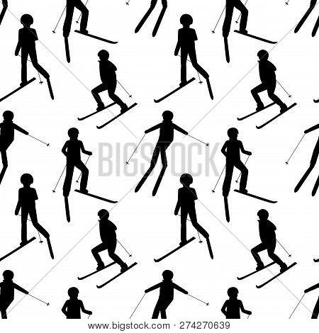Seamless Pattern With Black Silhouettes Of Skiing People: Man; Woman; Child. Winter Sport Games. Chr