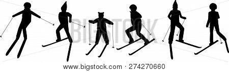 Black Silhouettes Of Skiing People: Man; Woman; Child. Winter Sport Games. Christmas Illustration.