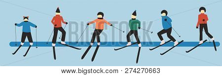 Hand Drawn Vector Art Of Skiing People: Man; Woman; Child. Winter Sport Games. Christmas Illustratio