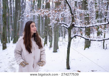 Outdoor Portrait Of Young Pretty Beautiful Woman In Cold Sunny Winter Weather In Park. Season Of Win