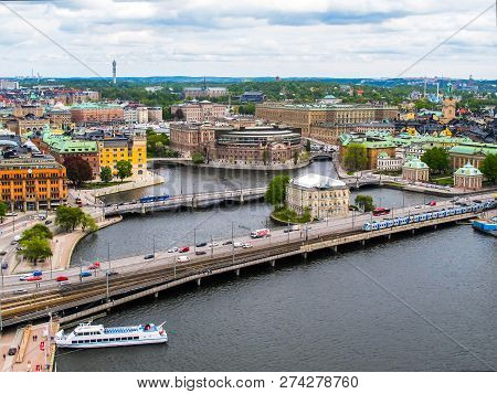 Sweden Stockholm. Wonderful Aerial Panorama From Observation Deck On Tower City Hall To Gamla Stan (