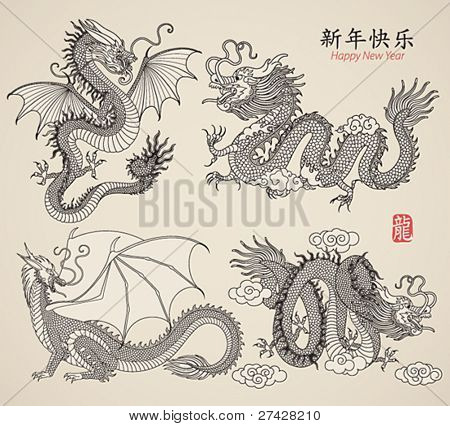 Sada draků. Vektorové ilustrace.