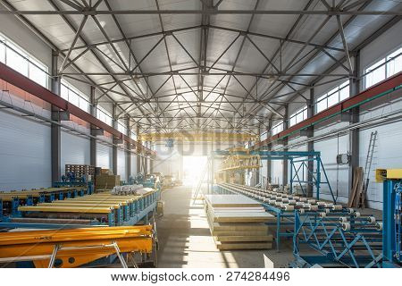 Worksop With Machinery Tools And Equipment, Conveyor Line For Production Metal Pipes And Sandwich Pa