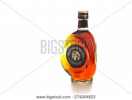 Chisinau, Moldova - December 15, 2018: Brandy Vecchia Romagna. Made In Italy. Brandy Aged In Oak Bar