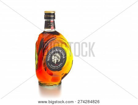 Chisinau, Moldova - December 15, 2018: Brandy Vecchia Romagna. Made In Italy. Brandy Aged In Oak Bar