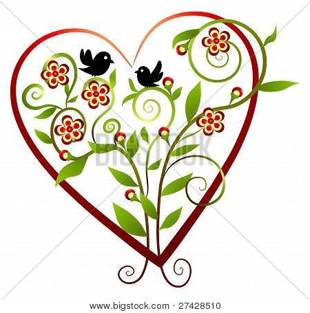 Bloemen - hart met twee vogels