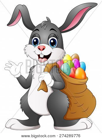 Easter Bunny Rabbit With Easter Eggs A Sack Of Full