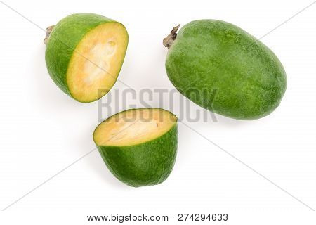 Tropical Fruit Feijoa Acca Sellowiana Isolated On White Background. Top View. Flat Lay Pattern