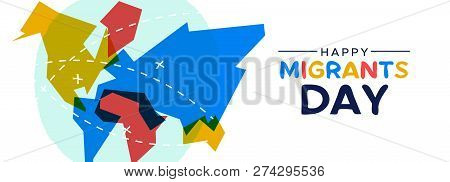 International Migrants Day Web Banner Illustration, Colorful World Map With Travel Marks And Destina