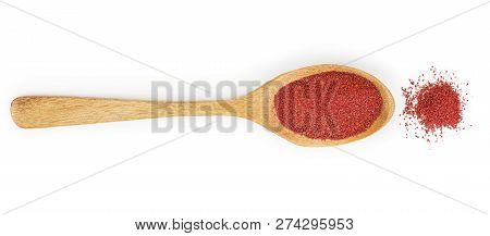 Ground Sumac Spice Powder In Wooden Spoon Isolated On White Background. Top View. Flat Lay