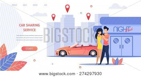 Banner Illustration Loving Couple Rent Cabrio Car. Vector Image Young Guy And Girl Coming Out Night 