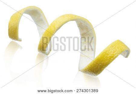 Lemon peel or lemon twist on white background. File contains clipping path.
