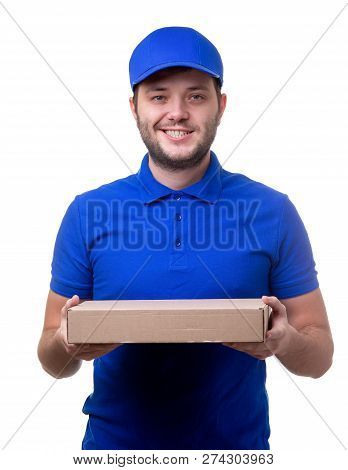 Photo Of Man In Blue T-shirt And Baseball Cap With Cardboard Box For Pizza On White Blank Background