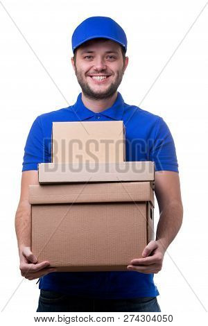 Picture Of Man Courier With Cardboard Boxes On White Empty Background