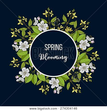 Spring Blossom Card With Apple Branch And Forsythia, Vector Illustration