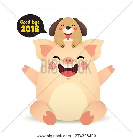 2019 Happy New Year. Cute Cartoon Puppy With Bubble Speech 