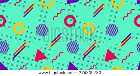 Memphis Vector Background. Colorful Geometric Shapes In Modern Style. Hipster Seamless Pattern. Tren