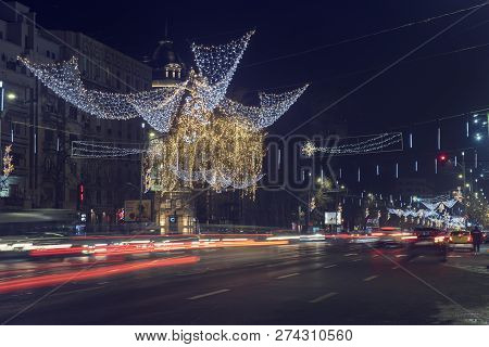 13 Dec 2018, Romania, Bucharest. Rich Christmas Decoration At Bulevardul Nicolae Balcescu In Buchare