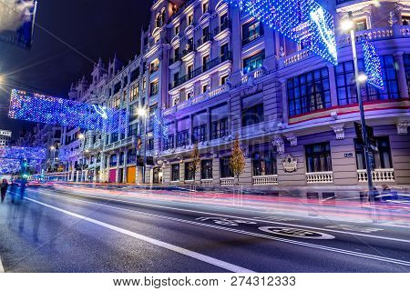 Gran Via Of Madrid Illuminated At Christmas