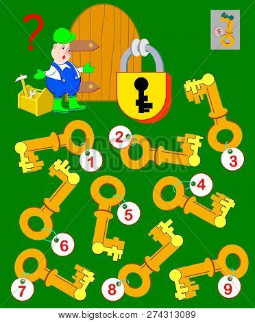 Logic Puzzle Game For Children And Adults. Help The Worker Find The Correct Key And Open The Lock. V