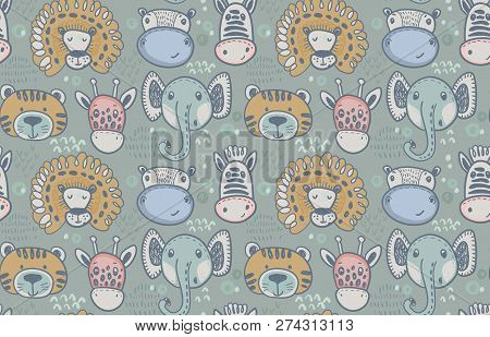 Seamless Pattern With Cute Animal Heads, Endless Background