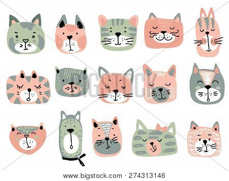 Vector Collection Of Colorful Cat Faces. Funny Illustration For Children