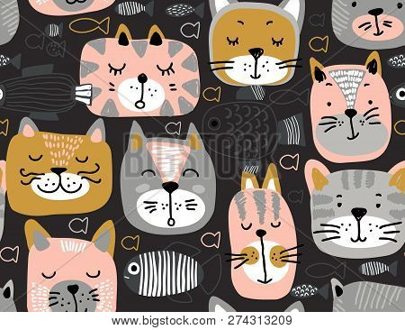 Vector Seamless Pattern With Hand Drawn Colorful Cat Faces And Graphic Fishes.