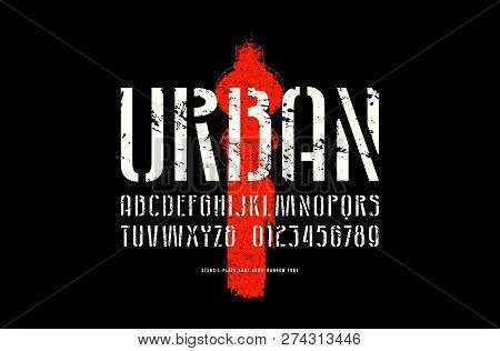 Stock Vector Stencil-plate Sans Serif Narrow Font, Alphabet, Typography. Letters And Numbers With Ro