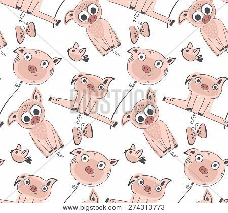 Vector Seamless Pattern With Cute Piglets, Endless Background