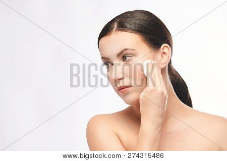 Home Face Care. Girl Remove Makeup. Woman Hand With Pad. Skin Clean With Cotton