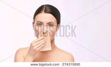 Home Face Care. Girl Remove Makeup. Woman Hand With Pad. Skin Clean With Paper