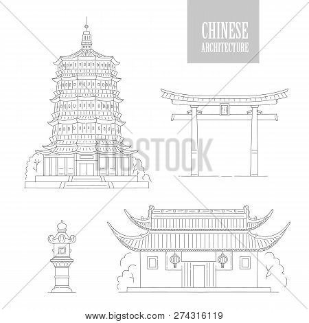 Vector Chinese Architecture Landmarks. Oriental Buildings Black White Line Art Gate Pagoda And Gazeb