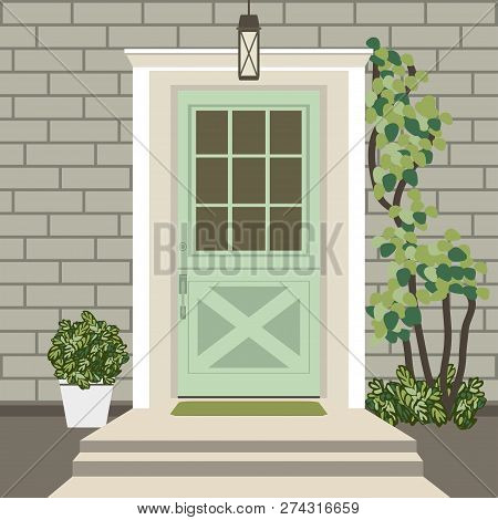 House Door Front With Doorstep And Mat, Steps, Window, Lamp, Flowers, Building Entry Facade, Exterio