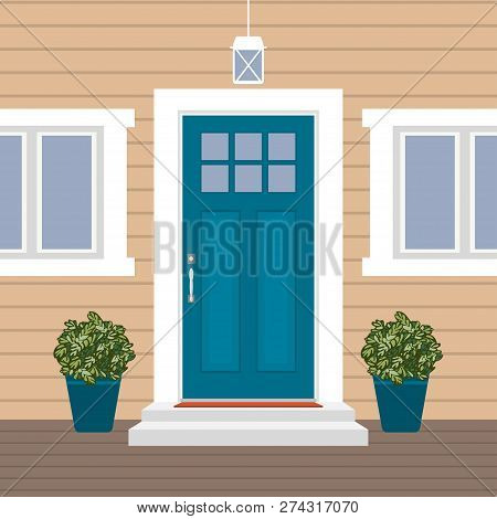 House Door Front With Doorstep And Mat, Steps, Window, Lamp, Flowers, Building Entry Facade, Exterio