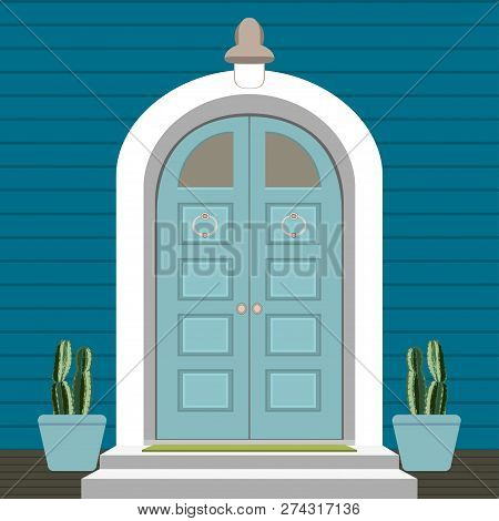 House Door Front With Doorstep And Mat, Steps, Window, Lamp, Flowers, Building Entry Facade, Exterio