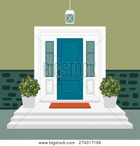 House Door Front With Doorstep And Mat, Steps, Window, Lamp, Flowers, Building Entry Facade, Exterio