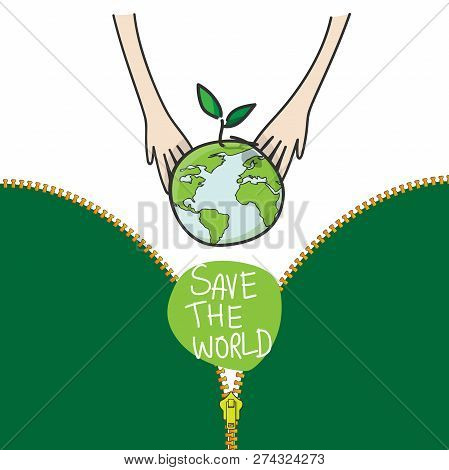 Two Hands Of The Children Planting Green Globe And Tree For Saving Environment Nature Conservation, 