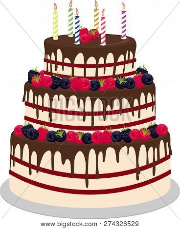 Three-tiered Wedding Or Birthday Cake In Chocolate, Decorated With Paspberries And Blueberries Isola