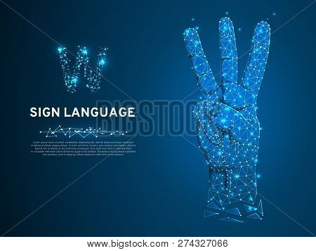 Sign Language V Letter, Hand With Three Fingers Pointing Up Gesture, Polygonal Low Poly. Deaf People