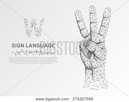 Origami Sign Language V Letter, Hand With Three Fingers Pointing Up Gesture, Polygonal Low Poly. Dea