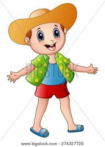 Vector Illustration Of Happy Boy Cartoon With Summer Clothes And A Hat