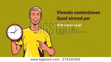 Excited Man Hold Clock Point Finger Pop Art Retro Style Male Happy Cartoon Character Portrait Copy S
