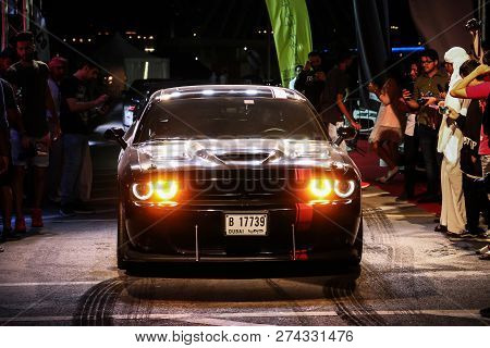 Dubai, Uae - November 15, 2018: Muscle Car Dodge Challenger Takes Part In The Annual Gulf Car Festiv