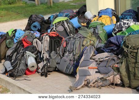 Many Backpacks Of Boys Scout During The Summer Camp