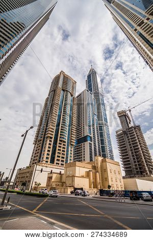 Dubai, United Arab Emirates - October, 2018: Towers, Skyscrapers, Hotels, Modern Architecture, Sheik