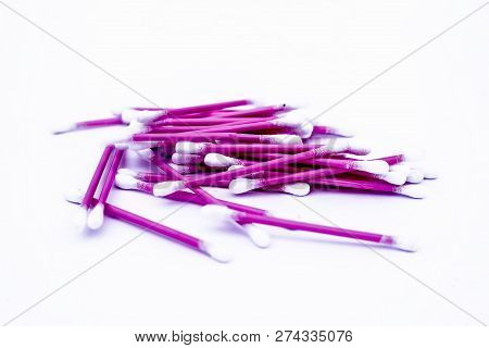 Pink Colored Cotton Coated Ear Buds Or Q-tips Isolated On White.