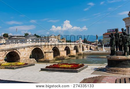 Skopje, Macedonia - August 26, 2017: Skopje Stone Bridge Over Vardar River Near Main Square In Skopj