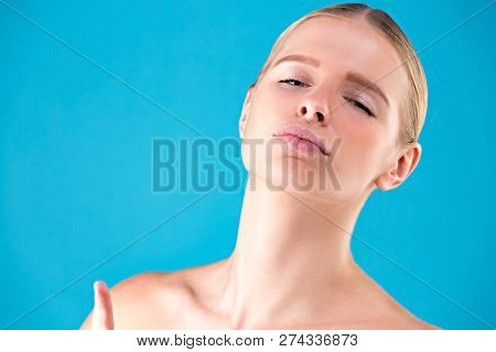 Beauty Fashion Woman Depicts Languor. Beautiful Model Girl With Perfect Make Up. Headshot. Emotions.
