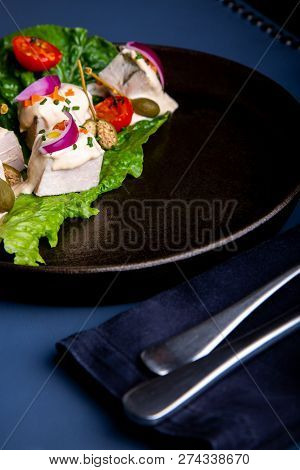 Delicious Restaurant Dish Vitello Tonato In Restaurant Background. Healthy Exclusive Food On Big Bla